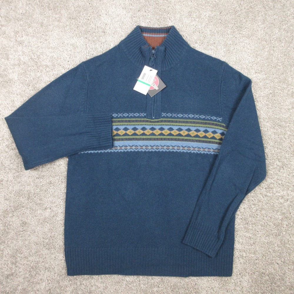 Nick‎ Danger Sweater Mens Large Blue Fair Isle Lambswool Quarter Zip Pullover